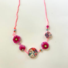 Load image into Gallery viewer, Vintage Cross Stitch Necklace Pink Flowers and Mauve bead