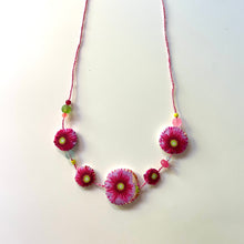 Load image into Gallery viewer, Vintage Cross Stitch Necklace Pink and Mauve Flowers with pink and aqua bead