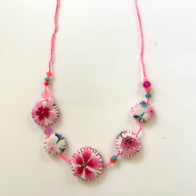 Load image into Gallery viewer, Vintage Cross Stitch Necklace Pink Flowers and Mauve bead