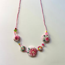 Load image into Gallery viewer, Vintage Cross Stitch Necklace Pink and Mauve Flowers with pink and aqua bead