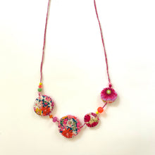 Load image into Gallery viewer, Vintage Cross Stitch Necklace Pink Flowers and Orange bead