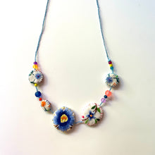 Load image into Gallery viewer, Vintage Cross Stitch Necklace Blue Flowers and Orange bead