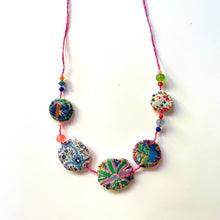 Load image into Gallery viewer, Vintage Cross Stitch Necklace Blue and Yellow Flowers with pink cord