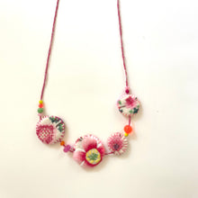 Load image into Gallery viewer, Vintage Cross Stitch Necklace Pink Flowers and Orange bead