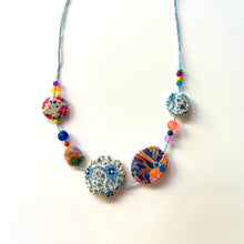 Load image into Gallery viewer, Vintage Cross Stitch Necklace Blue Flowers and Orange bead