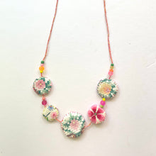 Load image into Gallery viewer, Vintage Cross Stitch Necklace Pink Flower with Pink and Orange beads