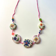 Load image into Gallery viewer, Vintage Cross Stitch Necklace Blue and Yellow Flowers with pink cord